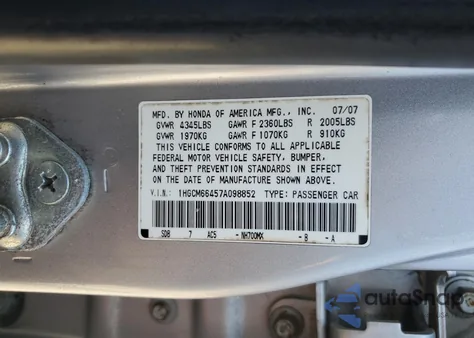 2007 Honda Accord Se from USA, damaged, VIN 1HGCM66457A098852